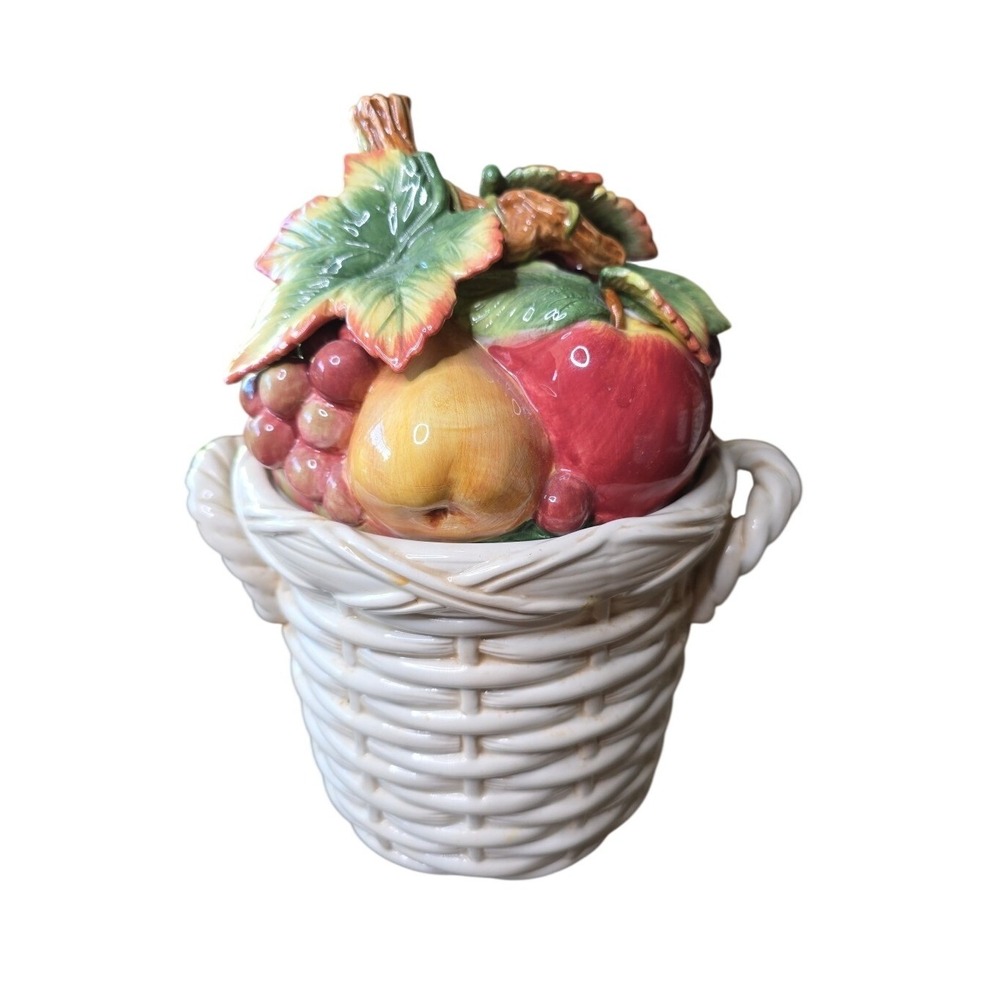 Fitz & Floyd Basket Weave Cookie Jar / Canister - Apple Pear Grape Peach 11 X 9